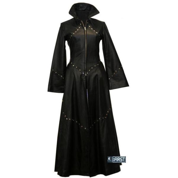 First L801 Плащ кожаный женский со стойкой и клепками, черный