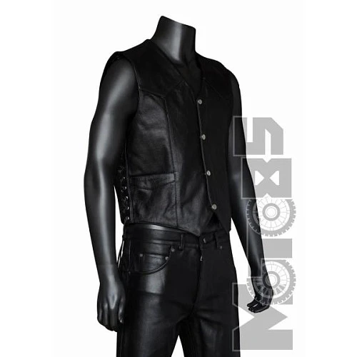 First V708 Жилет кожаный на кнопках с плетением сбоку, 4XL-6XL