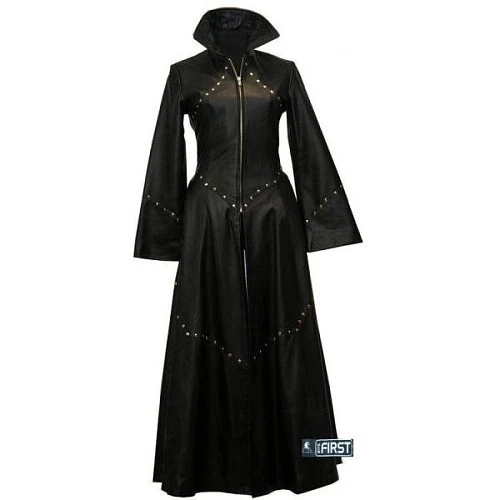 First L801 Плащ кожаный женский со стойкой и клепками, черный